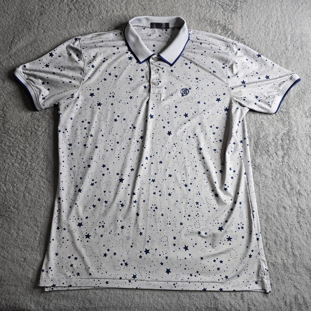G/FORE POLO SHIRT MENS LARGE GRAY BLUE STARS CONSTELLATION SHORT SLEEVE GOLF
